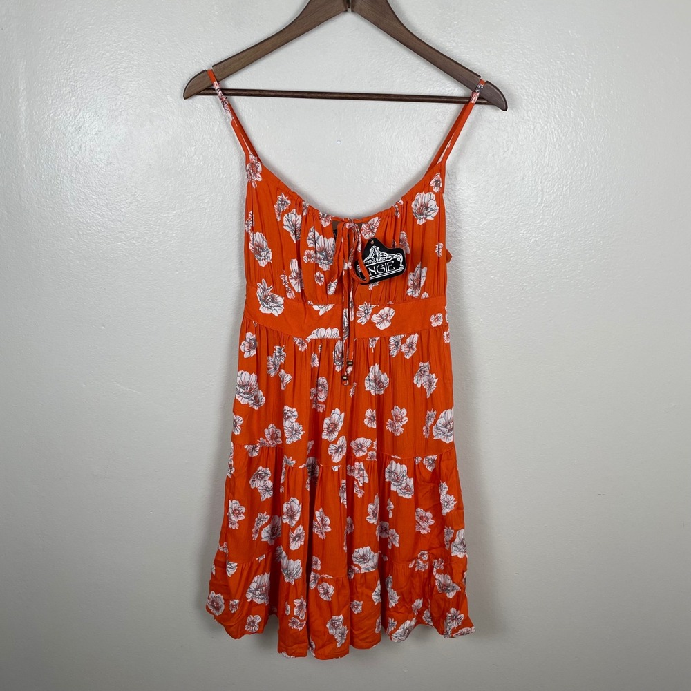 Angie Women's Small Mini Dress Poppy Orange‎ Floral Tiered Smocked C4777/W937